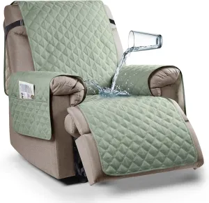 Ruaozz 100% Waterproof Recliner Chair Cover Non-Slip Reclining Cover for Recliner Chair Washable Chair Seat Cover with Elastic Straps for Kids, Dogs, Pets (Sage Green, 25'')