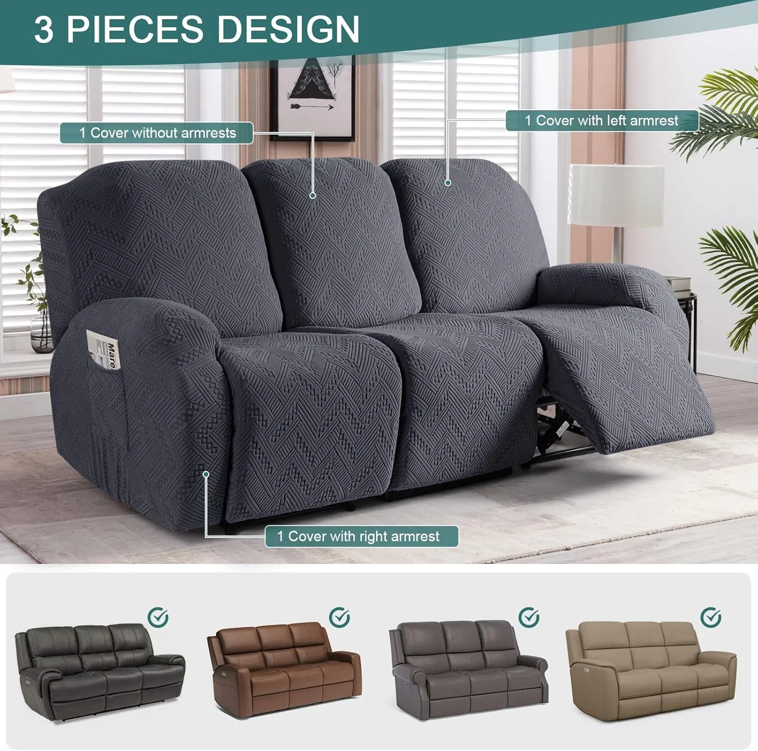 Ruaozz Recliner Sofa Covers Recliner Chair Covers Couch Covers for Reclining Couches with Pockets Washable Furniture Protector with Elastic Bottom (3 Seater, Dark Gray)