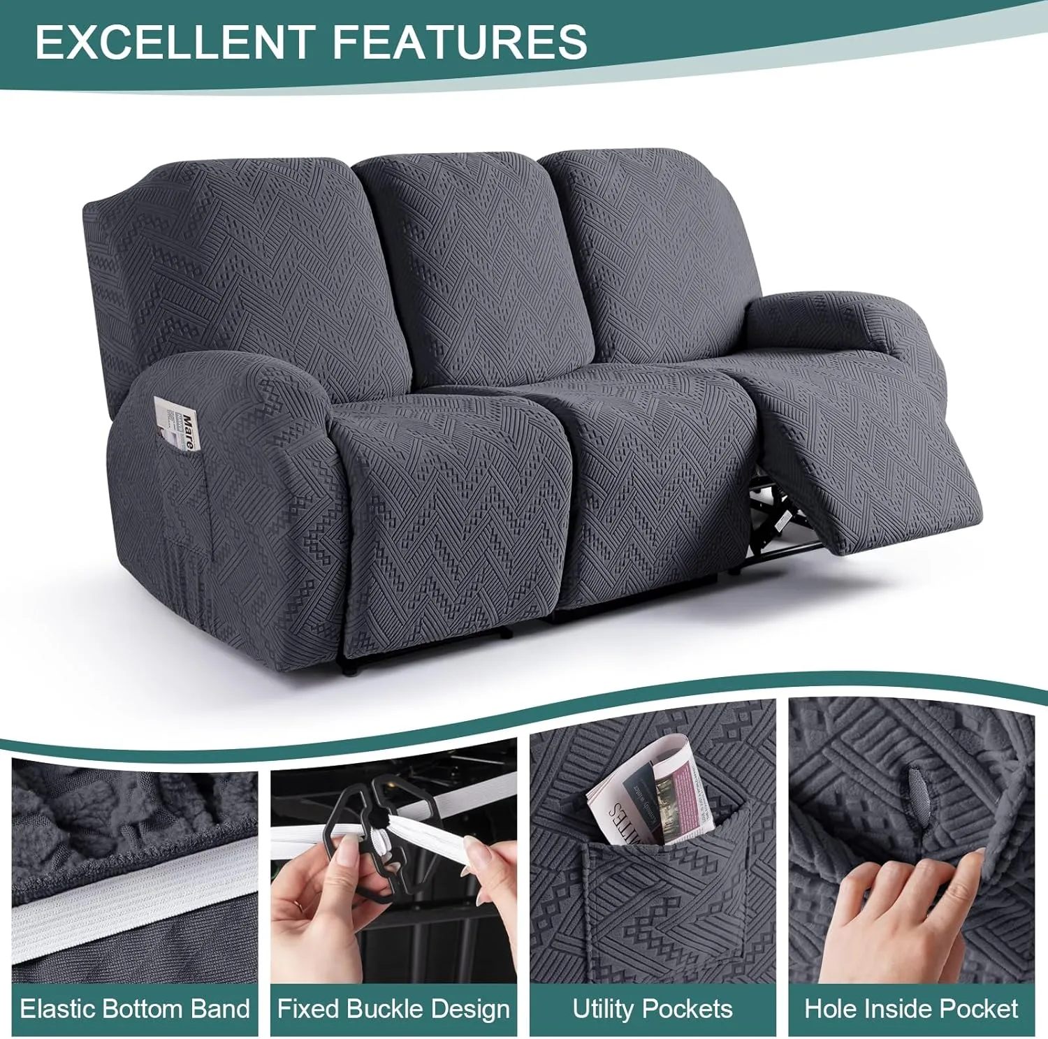 Ruaozz Recliner Sofa Covers Recliner Chair Covers Couch Covers for Reclining Couches with Pockets Washable Furniture Protector with Elastic Bottom (3 Seater, Dark Gray)