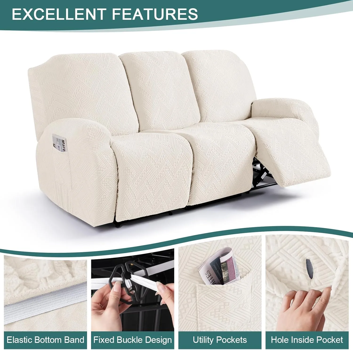 Ruaozz Recliner Sofa Covers Recliner Chair Covers Couch Covers for Reclining Couches with Pockets Washable Furniture Protector with Elastic Bottom (3 Seater, Ivory)
