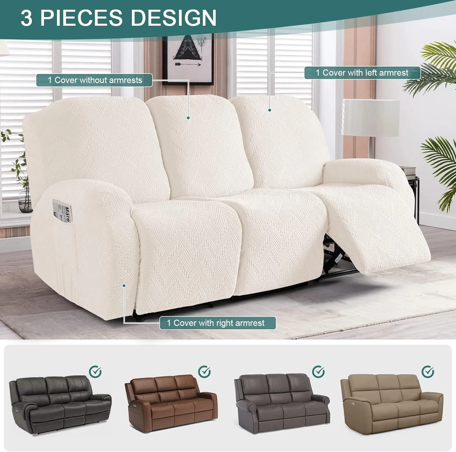 Ruaozz Recliner Sofa Covers Recliner Chair Covers Couch Covers for Reclining Couches with Pockets Washable Furniture Protector with Elastic Bottom (3 Seater, Ivory)