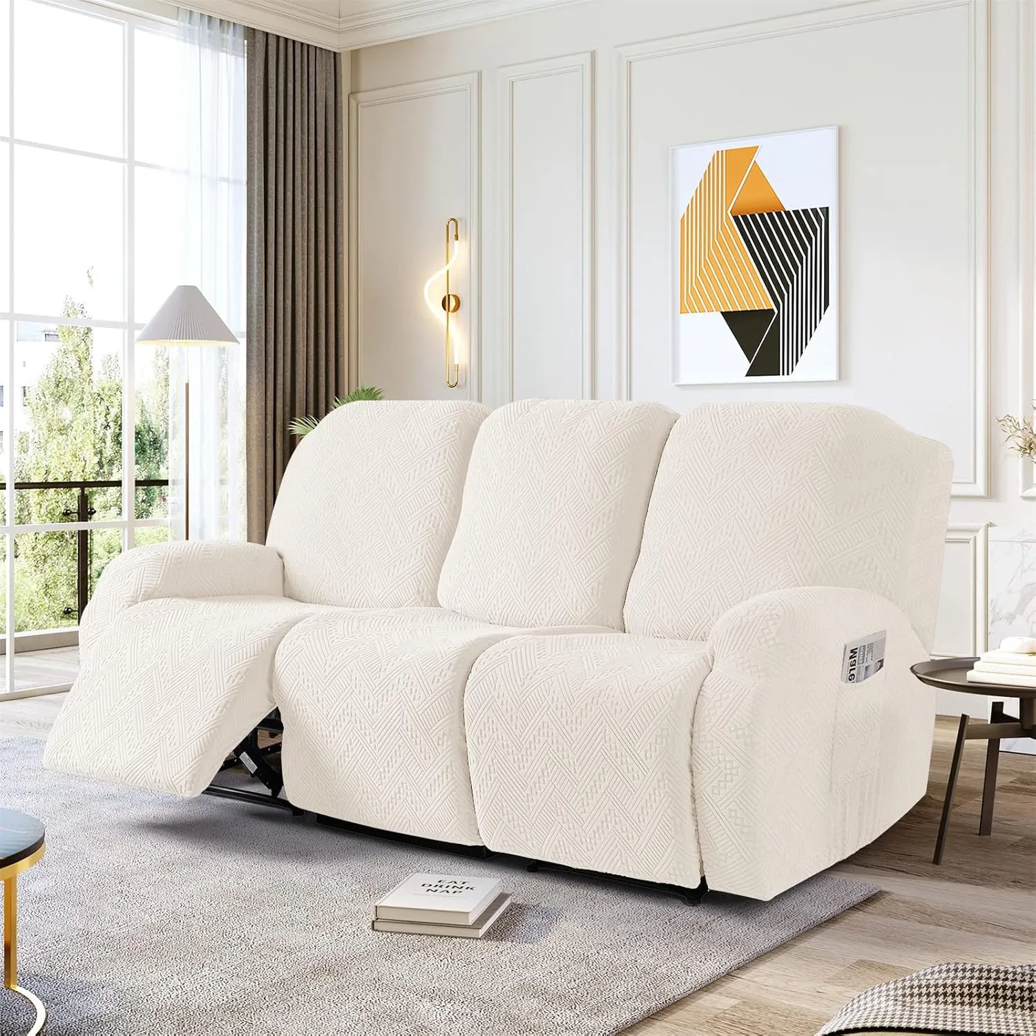 Ruaozz Recliner Sofa Covers Recliner Chair Covers Couch Covers for Reclining Couches with Pockets Washable Furniture Protector with Elastic Bottom (3 Seater, Ivory)