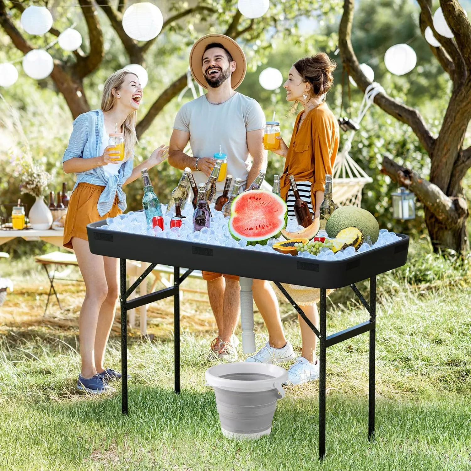 S AFSTAR 4 Foot Ice Tables for Parties with Drain, Folding Cooler Table Outdoor with Foldable Bucket, Removable Skirt, Portable Chill Cooler for Drinks Beverages, Party Ice Bin Table for BBQ Wedding