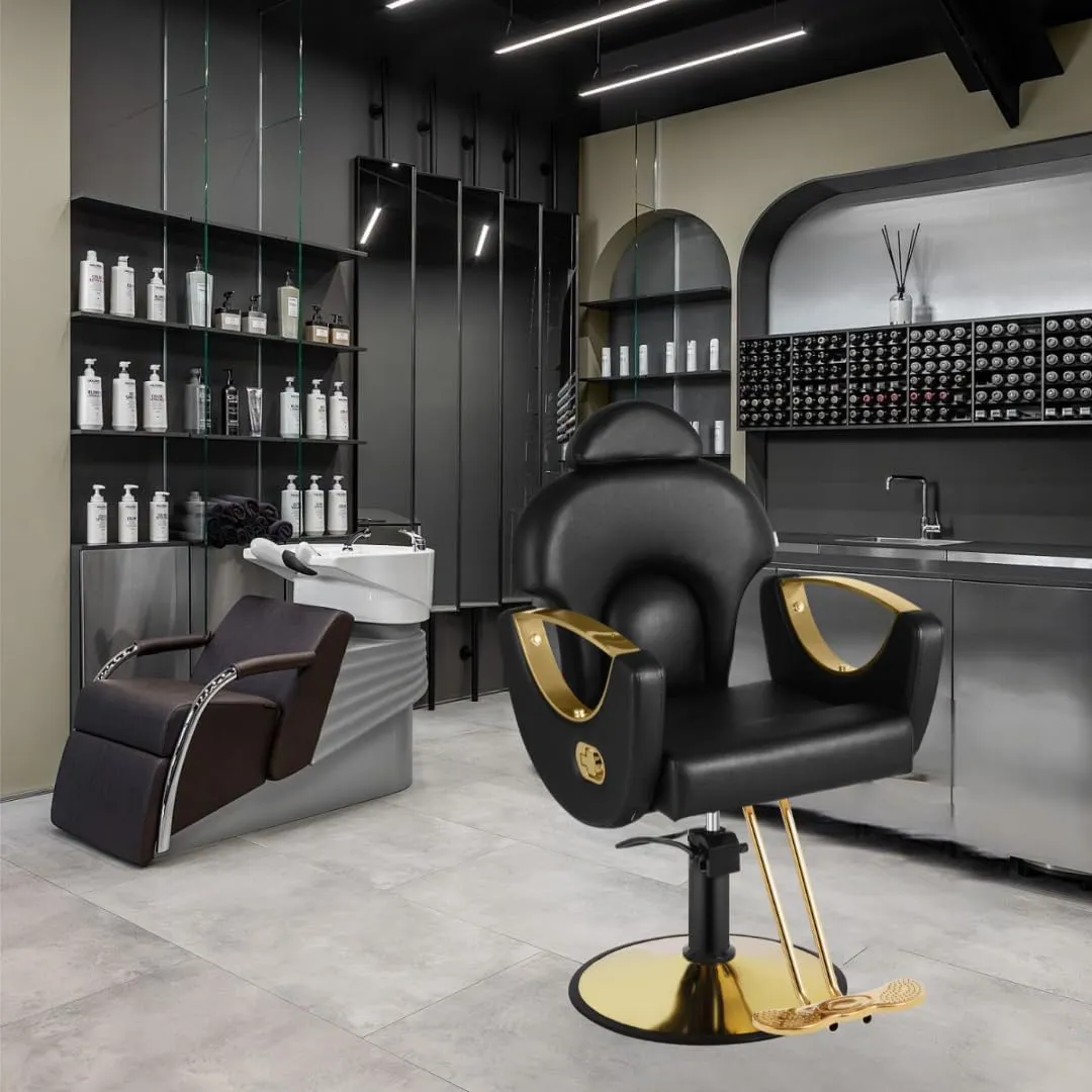 Salon Barber Chair, Reclining Salon Chair for Hair Stylist, Hair Salon Chair with Heavy Duty Hydraulic Pump, 360 Swivel Styling Braiding Hairdresser Chair for Home Barbershop, Black Gold