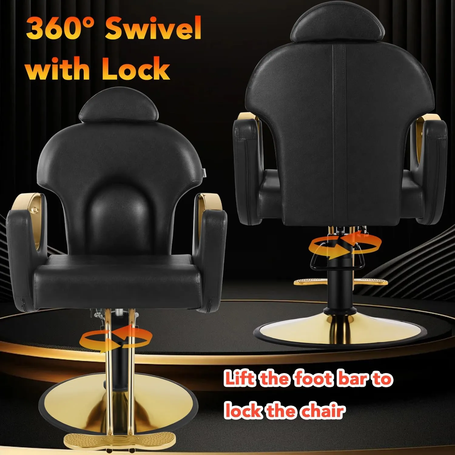 Salon Barber Chair, Reclining Salon Chair for Hair Stylist, Hair Salon Chair with Heavy Duty Hydraulic Pump, 360 Swivel Styling Braiding Hairdresser Chair for Home Barbershop, Black Gold