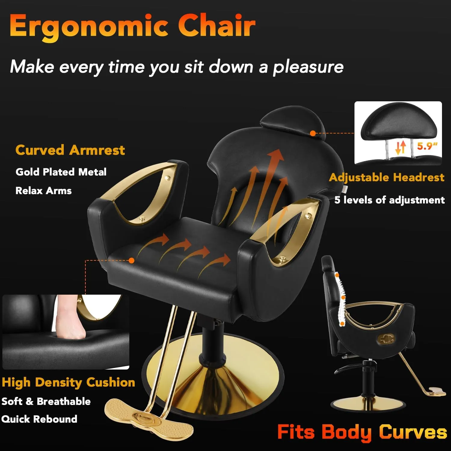 Salon Barber Chair, Reclining Salon Chair for Hair Stylist, Hair Salon Chair with Heavy Duty Hydraulic Pump, 360 Swivel Styling Braiding Hairdresser Chair for Home Barbershop, Black Gold