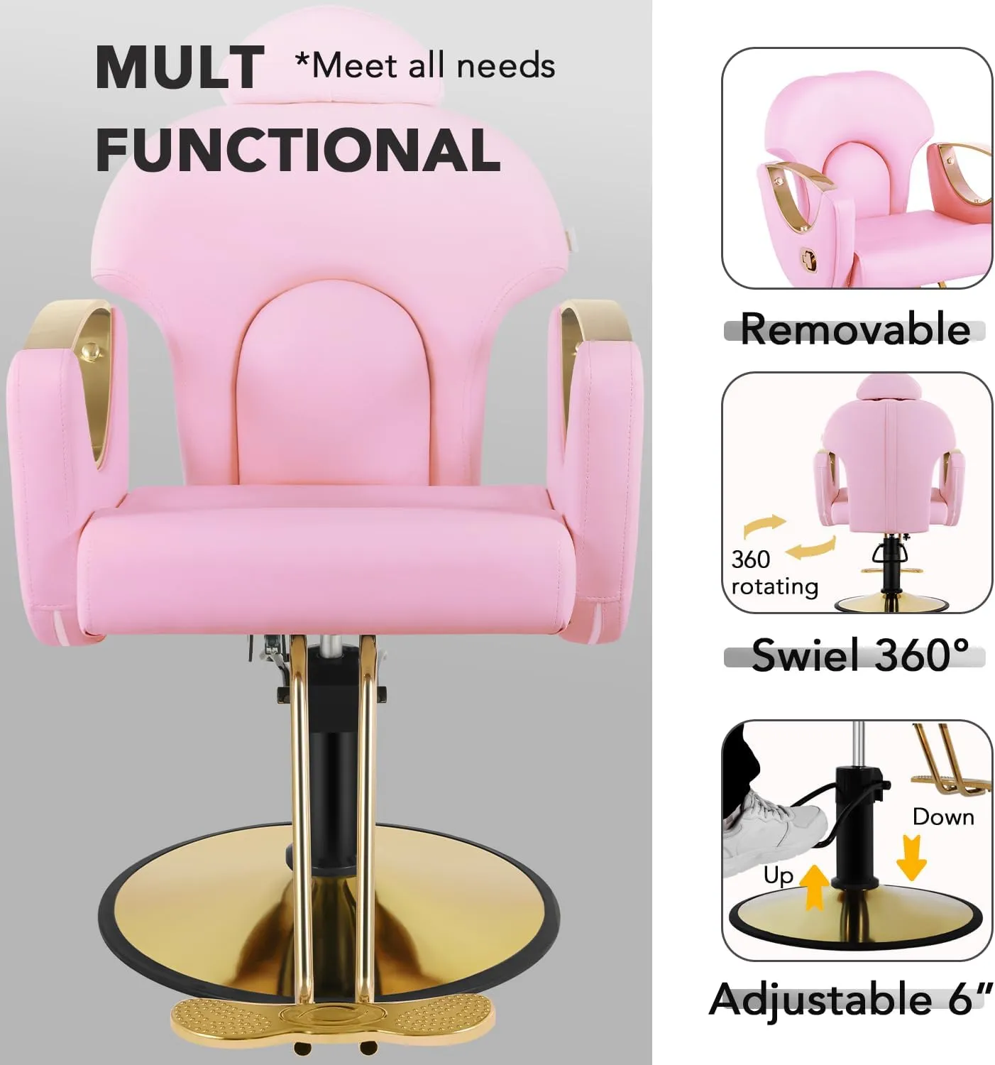 Salon Chair, Reclining Salon Chair for Hair Stylist, Barber Chair with Heavy Duty Hydraulic Pump, Tattoo Braiding Beauty Spa Equipment, Pink