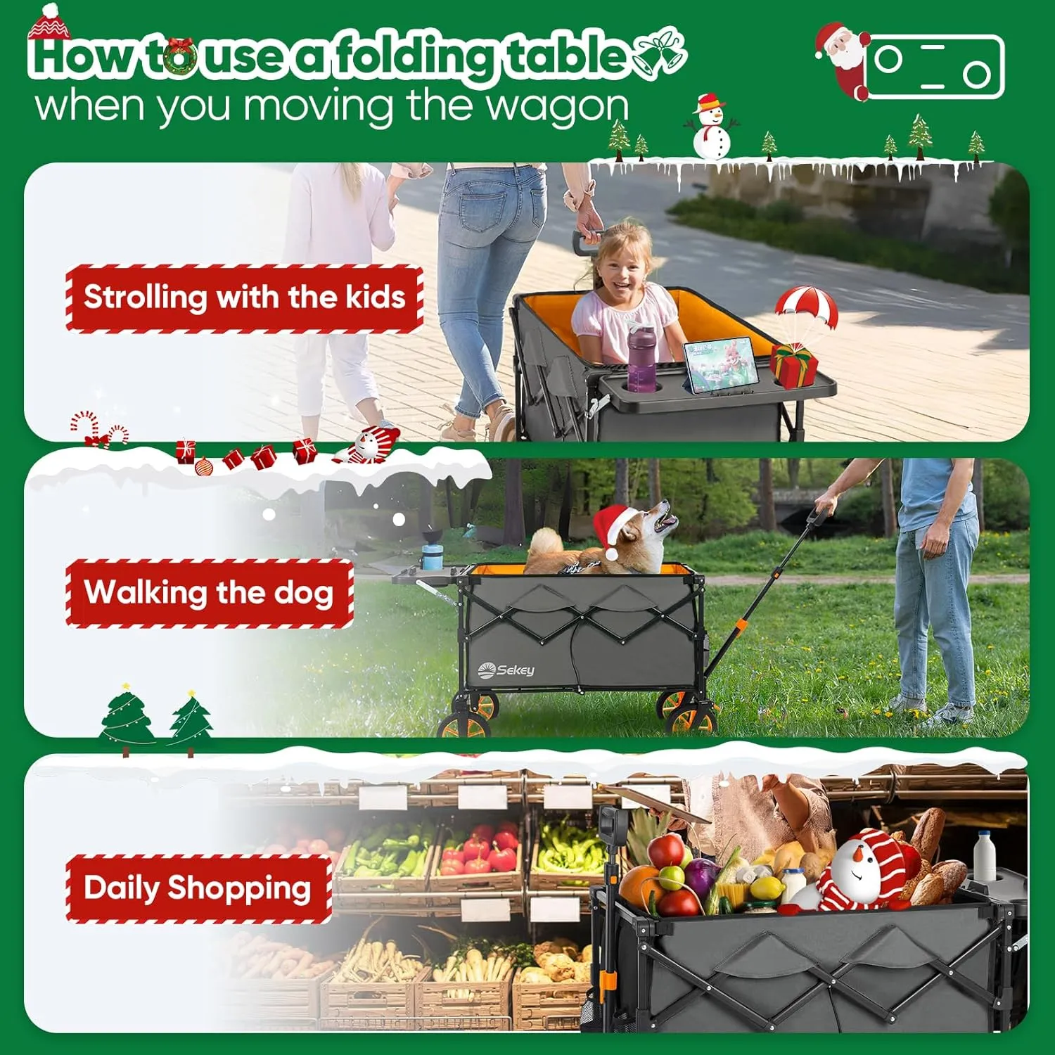 Sekey 250L Collapsible Wagon with Folding Table and Drink Holders, Foldble Beach Wagon with All-Terrain Wheels Load up to 330LBS for Shopping, Camping, Sports.Gray&Orange