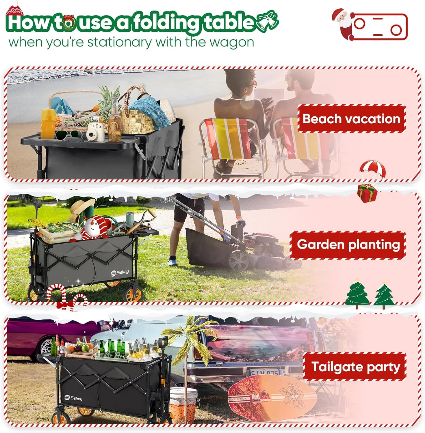 Sekey 250L Collapsible Wagon with Folding Table and Drink Holders, Foldble Beach Wagon with All-Terrain Wheels Load up to 330LBS for Shopping, Camping, Sports.Gray&Orange