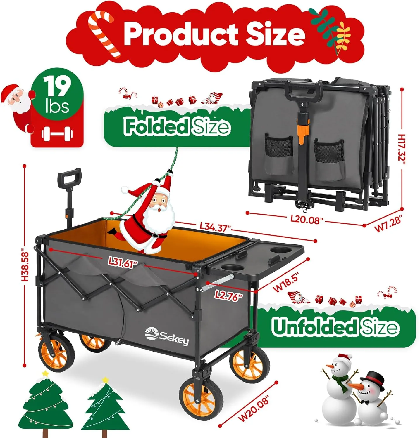 Sekey 250L Collapsible Wagon with Folding Table and Drink Holders, Foldble Beach Wagon with All-Terrain Wheels Load up to 330LBS for Shopping, Camping, Sports.Gray&Orange