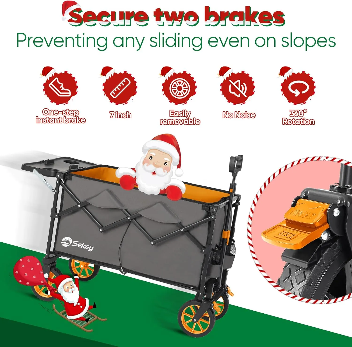 Sekey 250L Collapsible Wagon with Folding Table and Drink Holders, Foldble Beach Wagon with All-Terrain Wheels Load up to 330LBS for Shopping, Camping, Sports.Gray&Orange