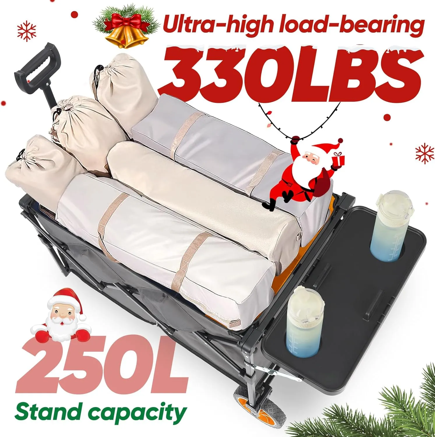 Sekey 250L Collapsible Wagon with Folding Table and Drink Holders, Foldble Beach Wagon with All-Terrain Wheels Load up to 330LBS for Shopping, Camping, Sports.Gray&Orange