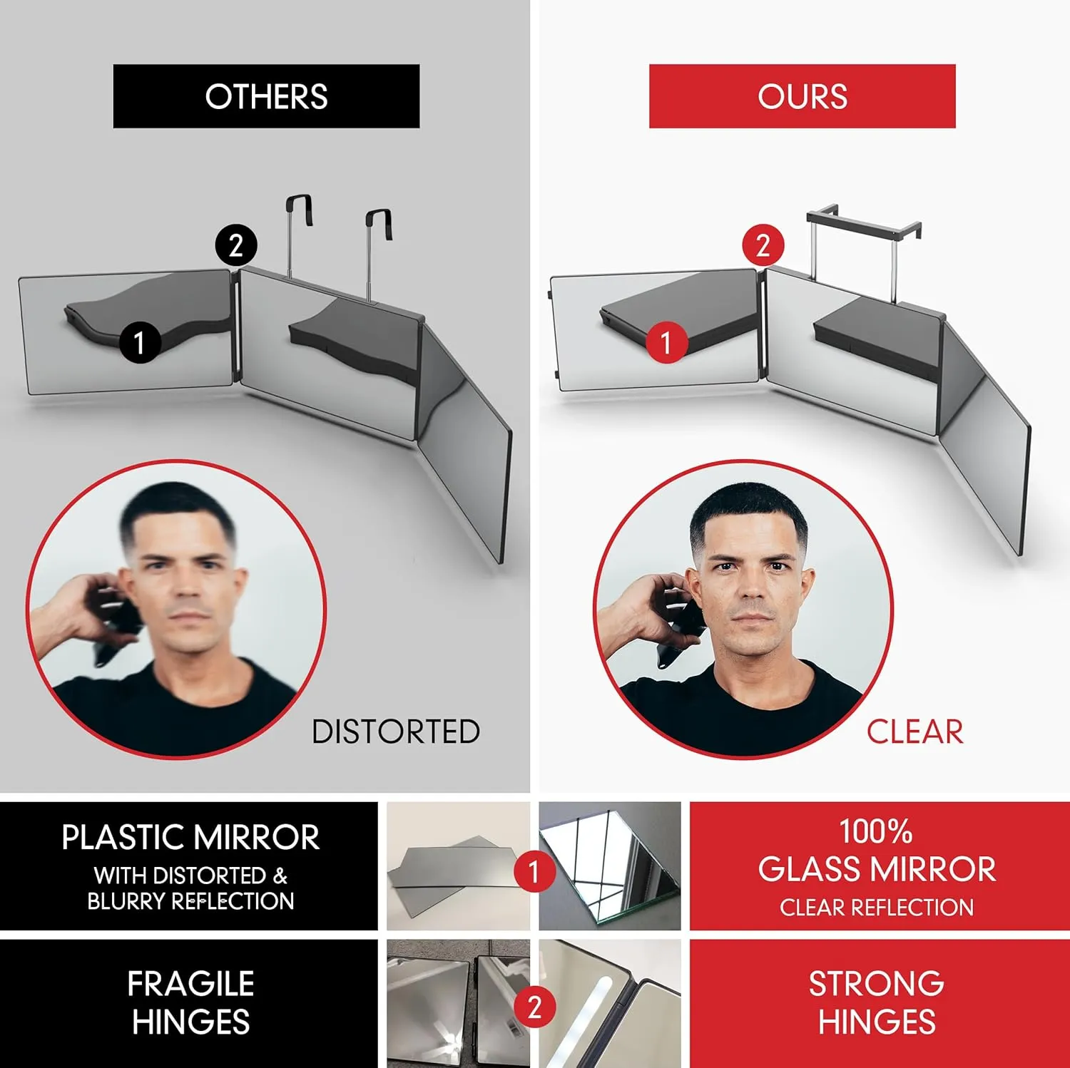 SELF-Cut System Travel Version - Three Way Mirror for Self Hair Cutting with Height Adjustable Telescoping Hooks and Free Educational Mobile App