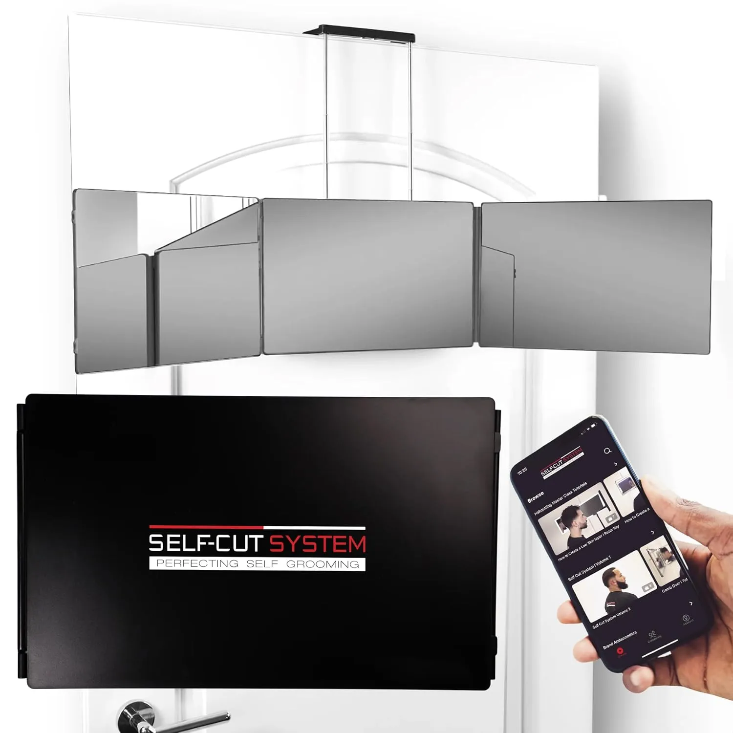 SELF-Cut System Travel Version - Three Way Mirror for Self Hair Cutting with Height Adjustable Telescoping Hooks and Free Educational Mobile App