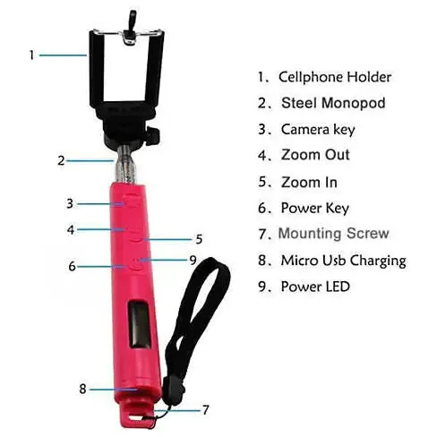 Selfie Stick With Bluetooth, Telescopic 40 Inch Length, Zoom Control & Rechargeable Remote