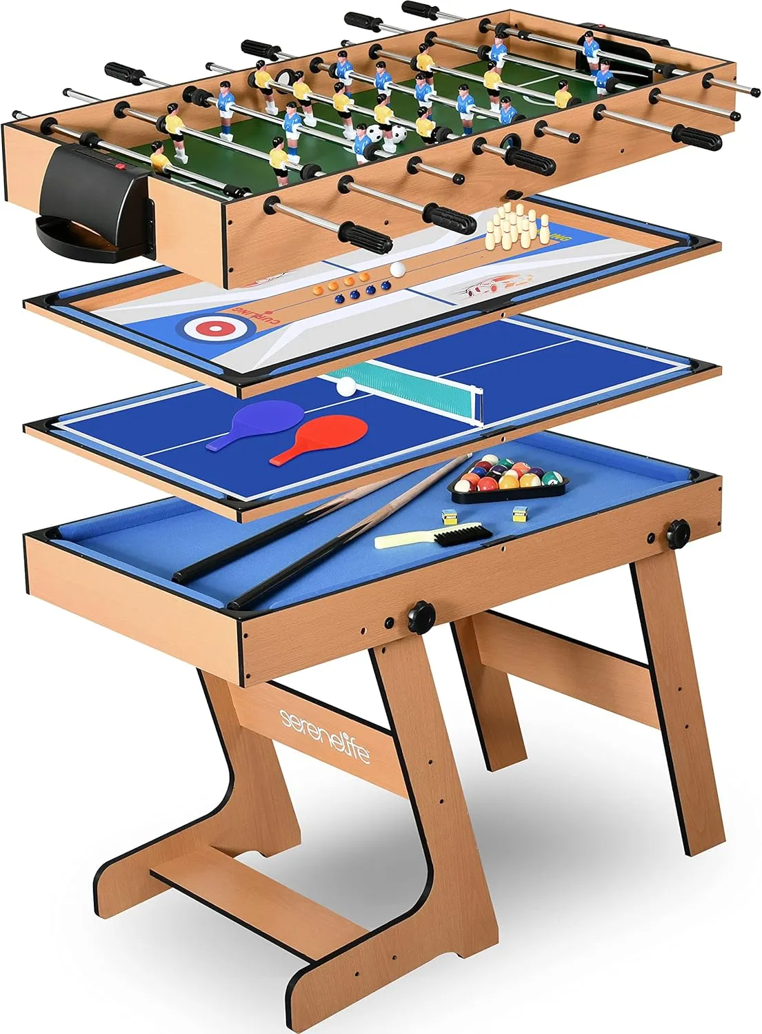 SereneLife 5in1 Folding Multi Game Table, 40" Full Size Combo Sports Arcade Game with Foosball Soccer, Ping Pong, Pool Billiards, Bowling & Shuffleboard Set, Wood Construction for Play Rec Room