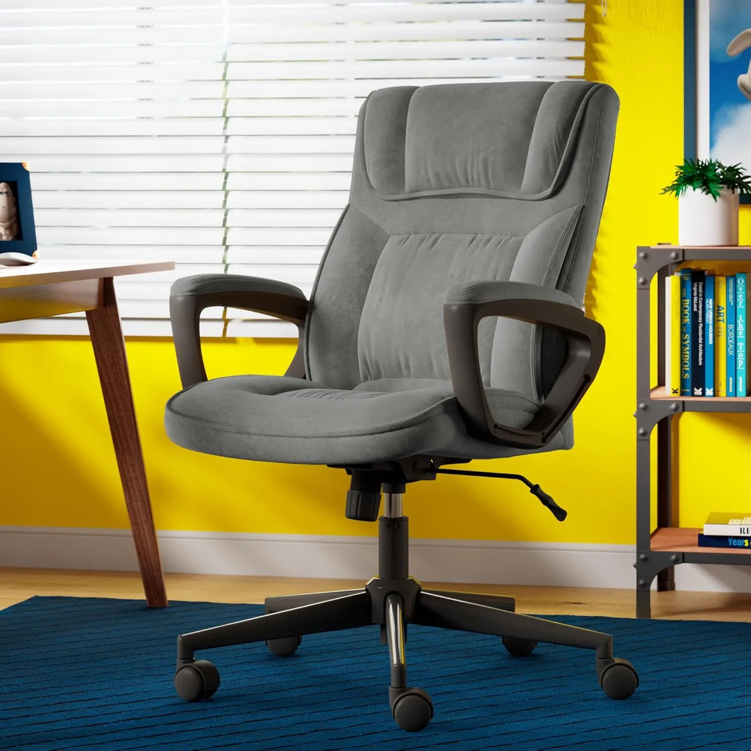 Serta Hannah Executive Home Office Desk Chair, Ergonomic Mid-Back with Lumbar Support, Firm Seat Cushion, Layered Body Pillows, Padded Armrests, Swivel Base, Easy Assembly, Microfiber, Black/Grey