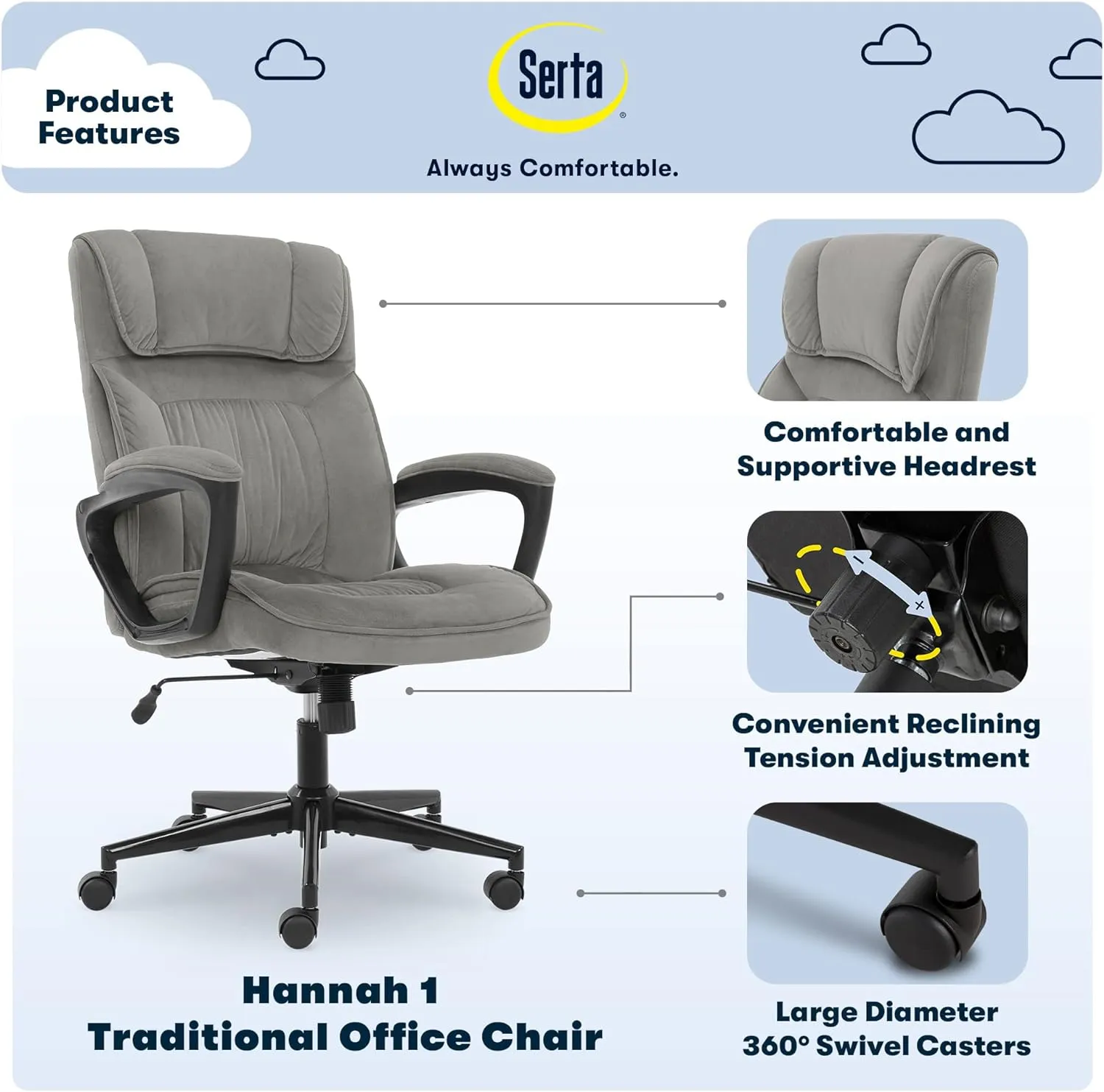 Serta Hannah Executive Home Office Desk Chair, Ergonomic Mid-Back with Lumbar Support, Firm Seat Cushion, Layered Body Pillows, Padded Armrests, Swivel Base, Easy Assembly, Microfiber, Black/Grey