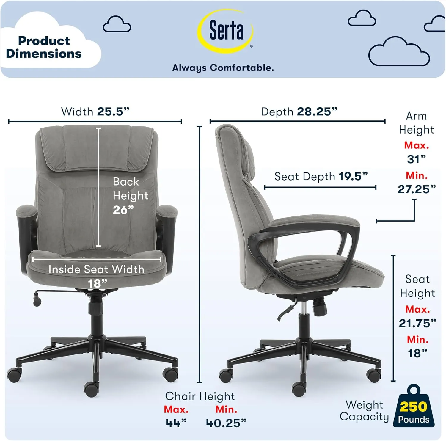 Serta Hannah Executive Home Office Desk Chair, Ergonomic Mid-Back with Lumbar Support, Firm Seat Cushion, Layered Body Pillows, Padded Armrests, Swivel Base, Easy Assembly, Microfiber, Black/Grey