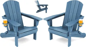 SERWALL Folding Adirondack Chair Set of 2, Adjustable Adirondack Chair with 3 Recline Positions, All Weather HDPE Outdoor Adirondack with Cup Holders, Blue