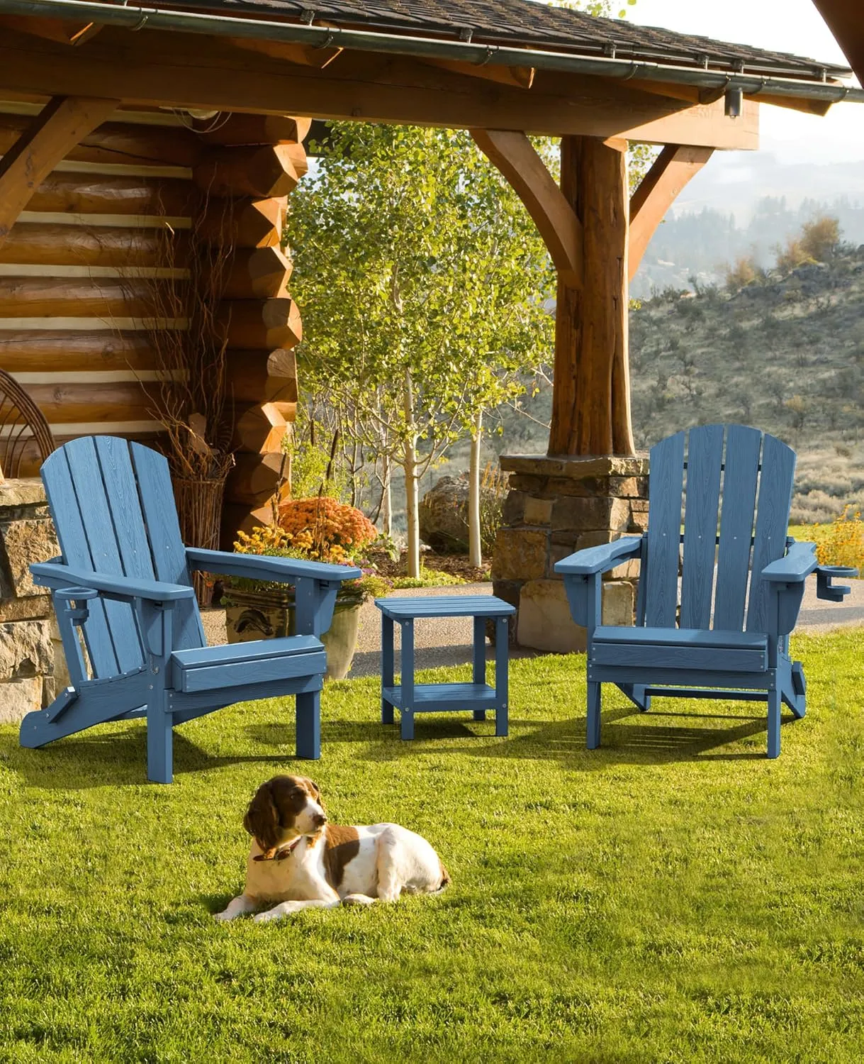 SERWALL Folding Adirondack Chair Set of 2, Adjustable Adirondack Chair with 3 Recline Positions, All Weather HDPE Outdoor Adirondack with Cup Holders, Blue