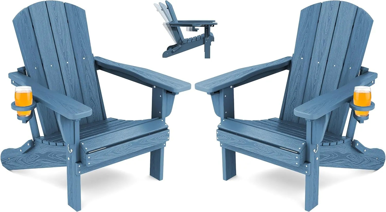 SERWALL Folding Adirondack Chair Set of 2, Adjustable Adirondack Chair with 3 Recline Positions, All Weather HDPE Outdoor Adirondack with Cup Holders, Blue