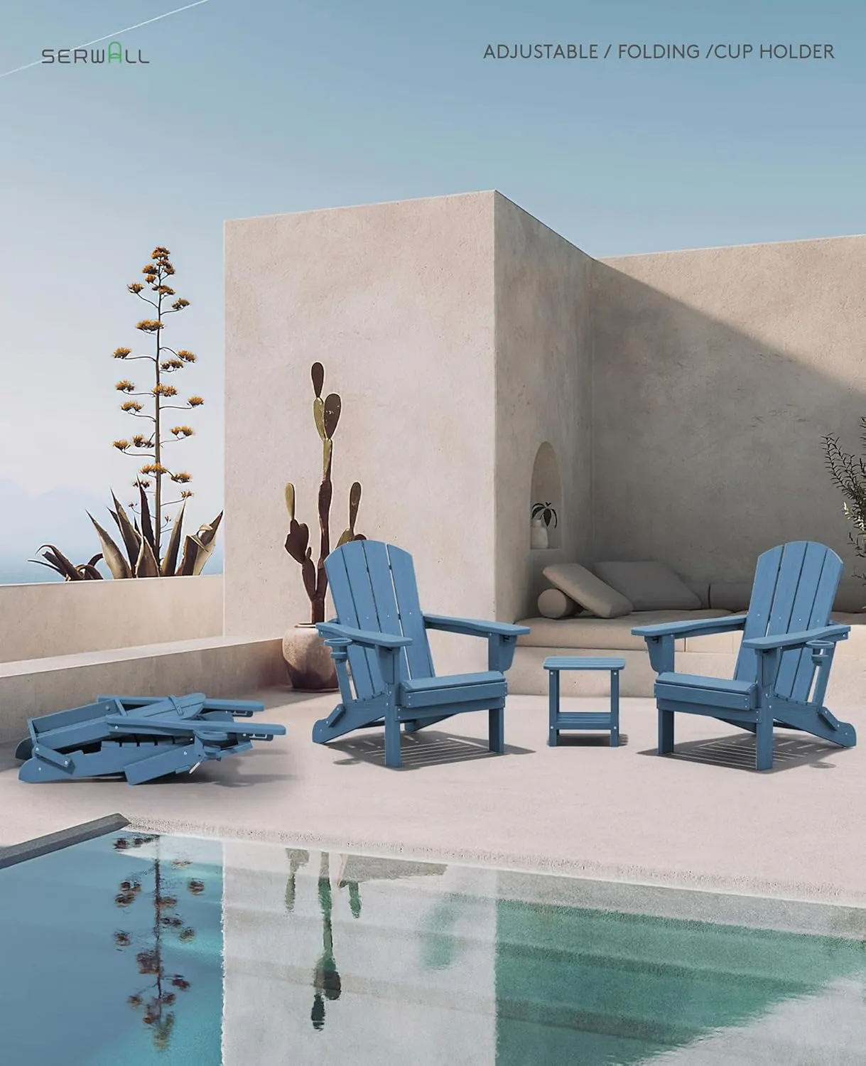 SERWALL Folding Adirondack Chair Set of 2, Adjustable Adirondack Chair with 3 Recline Positions, All Weather HDPE Outdoor Adirondack with Cup Holders, Blue