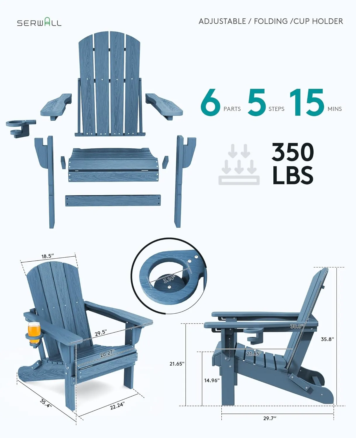 SERWALL Folding Adirondack Chair Set of 2, Adjustable Adirondack Chair with 3 Recline Positions, All Weather HDPE Outdoor Adirondack with Cup Holders, Blue