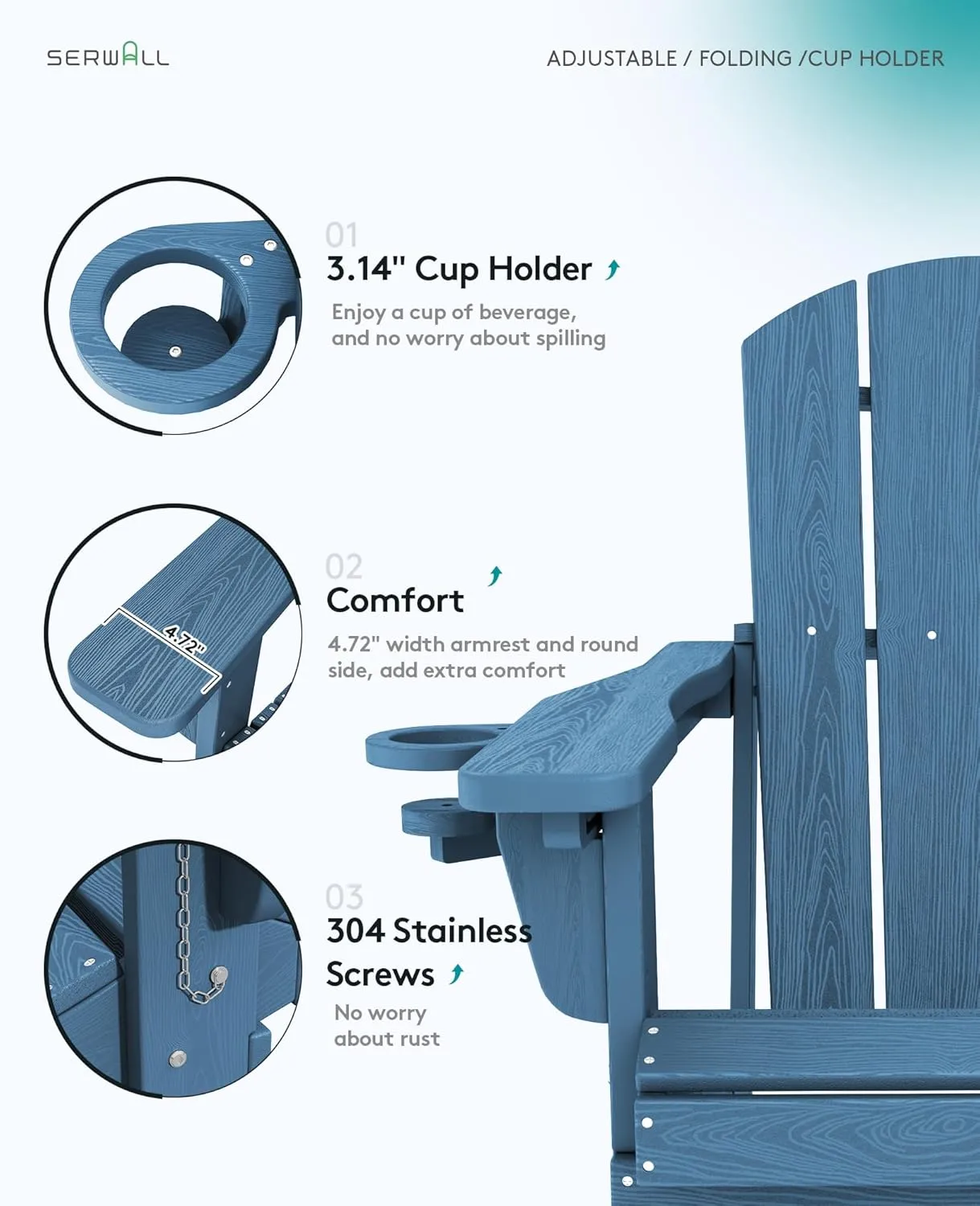 SERWALL Folding Adirondack Chair Set of 2, Adjustable Adirondack Chair with 3 Recline Positions, All Weather HDPE Outdoor Adirondack with Cup Holders, Blue