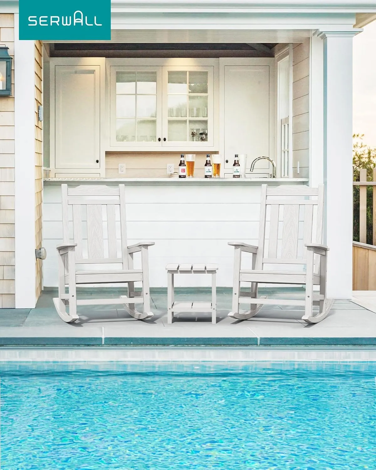 SERWALL Oversized Rocking Chair Set of 4 Outdoor, HDPE Outdoor Rocking Chair Set of 4, White