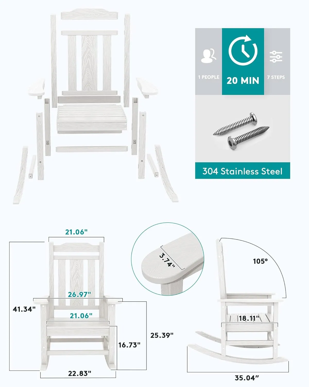 SERWALL Oversized Rocking Chair Set of 4 Outdoor, HDPE Outdoor Rocking Chair Set of 4, White