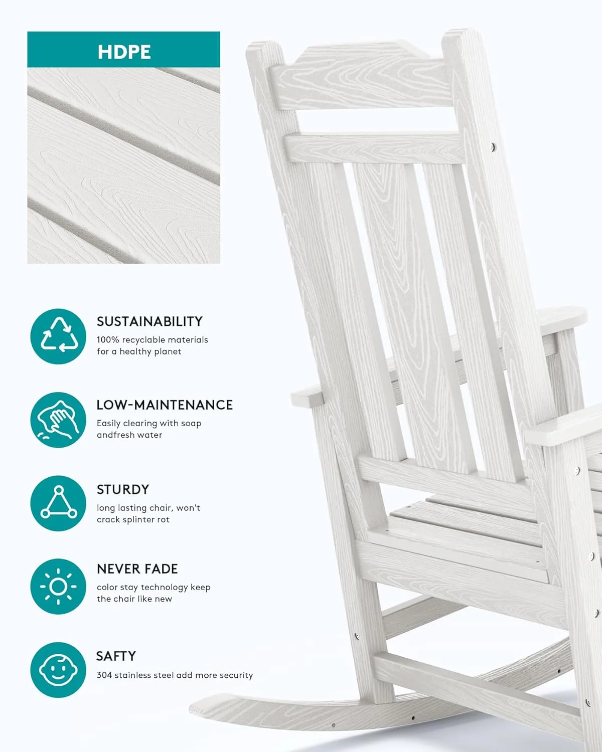 SERWALL Oversized Rocking Chair Set of 4 Outdoor, HDPE Outdoor Rocking Chair Set of 4, White
