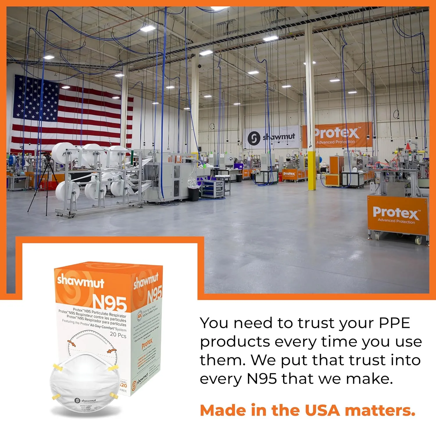 Shawmut Protex™ N95 Mask, Made in the USA NIOSH Approved, Particulate Respirators, Protective Face Mask for Dust, Construction, Medical, 1 Pack of 20 (Approval Number TC-84A-9295 / Model SR9520)