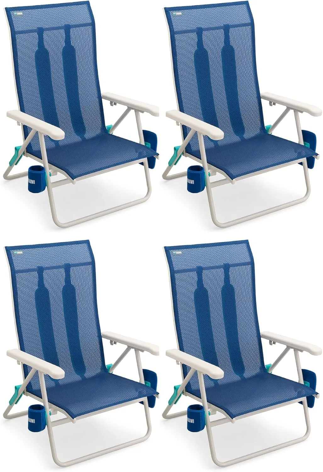 Shibumi Beach Chairs Set of 4. Anti-Rust Marine Grade Frame. 300lb Capacity. Weighs 8 Pounds. Adjustable Padded Backpack Straps. Breathable Fabric.