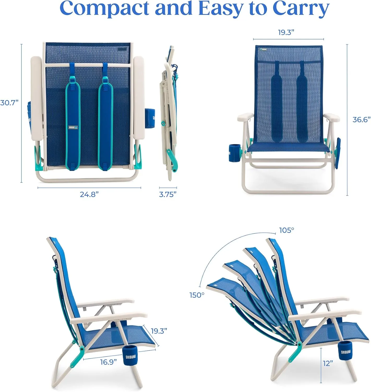 Shibumi Beach Chairs Set of 4. Anti-Rust Marine Grade Frame. 300lb Capacity. Weighs 8 Pounds. Adjustable Padded Backpack Straps. Breathable Fabric.
