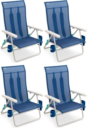 Shibumi Beach Chairs Set of 4. Anti-Rust Marine Grade Frame. 300lb Capacity. Weighs 8 Pounds. Adjustable Padded Backpack Straps. Breathable Fabric.