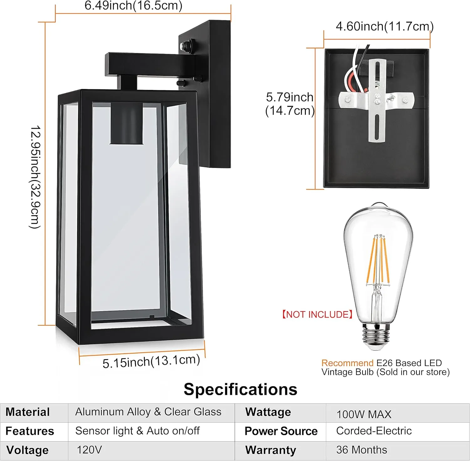 SHINE HAI Dusk to Dawn Sensor Outdoor Wall Sconce, Exterior Lantern Fixture with E26 Base, Wall Mount Waterproof Lamp for Porch, Doorway