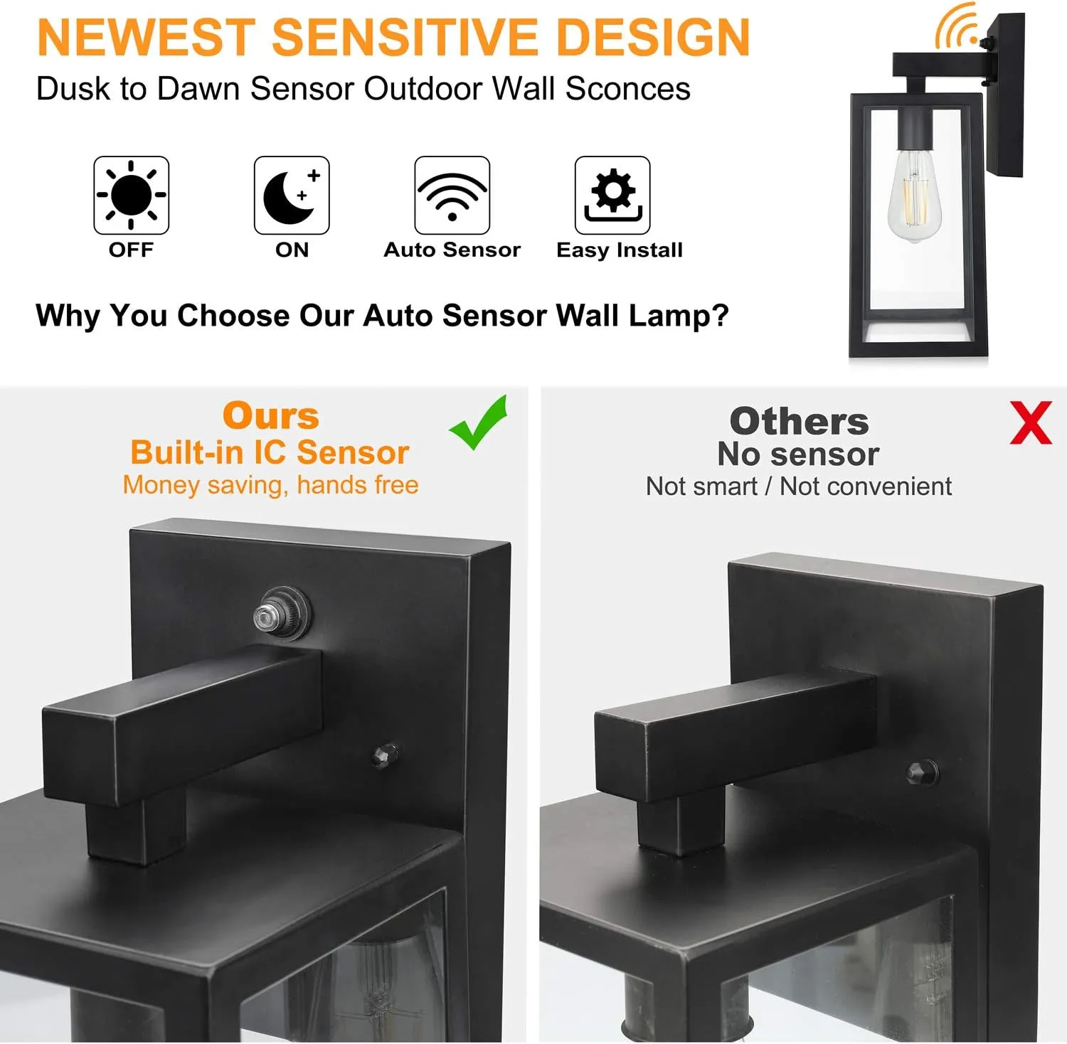 SHINE HAI Dusk to Dawn Sensor Outdoor Wall Sconce, Exterior Lantern Fixture with E26 Base, Wall Mount Waterproof Lamp for Porch, Doorway