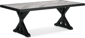 Signature Design by Ashley Beachcroft Farmhouse Weather and Rust Resistant Outdoor Dining Table with Porcelain Tabletop and Umbrella Hole, Black & Light Gray