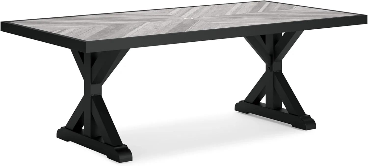 Signature Design by Ashley Beachcroft Farmhouse Weather and Rust Resistant Outdoor Dining Table with Porcelain Tabletop and Umbrella Hole, Black & Light Gray