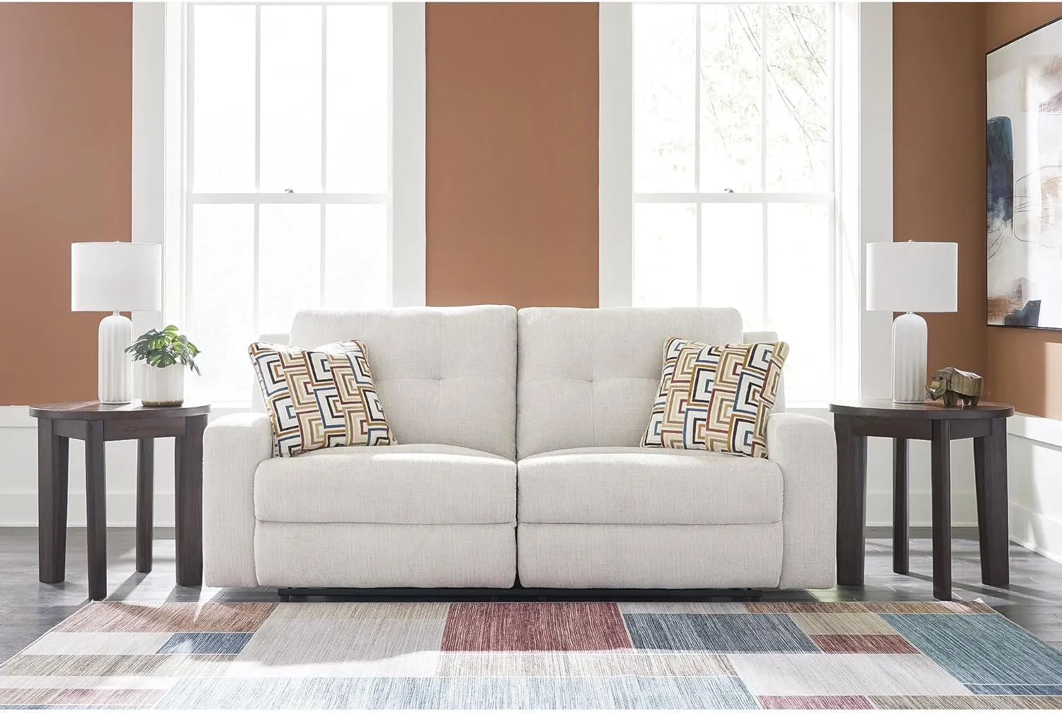 Signature Design by Ashley Danum Modern Tufted Manual Reclining Sofa with 2 Accent Pillows, Beige