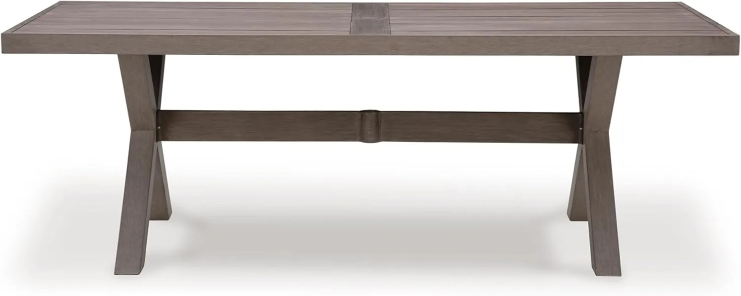 Signature Design by Ashley Hillside Barn Contemporary UV Resistant Resin Outdoor Dining Table with Umbrella Hole and Cover Cap, Dark Brown