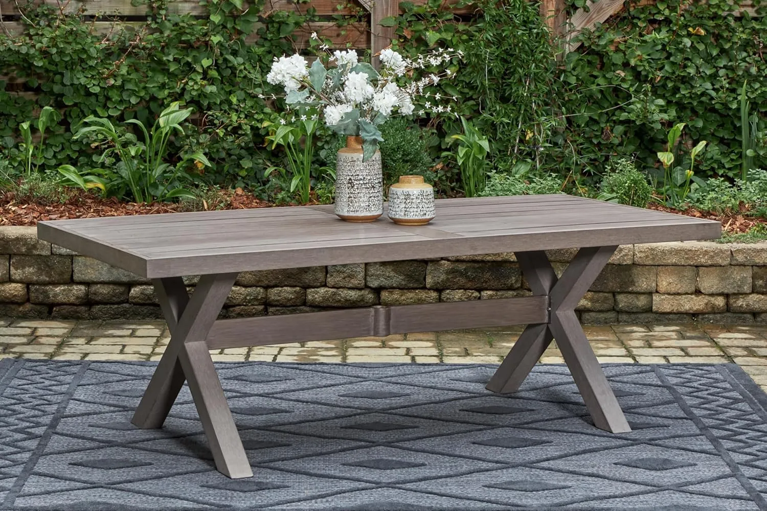 Signature Design by Ashley Hillside Barn Contemporary UV Resistant Resin Outdoor Dining Table with Umbrella Hole and Cover Cap, Dark Brown