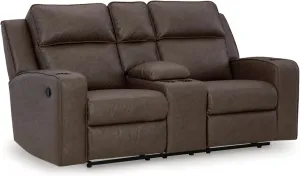 Signature Design by Ashley Lavenhorne Modern Faux Leather Manual Reclining Loveseat with Console and Cup Holders, Dark Brown