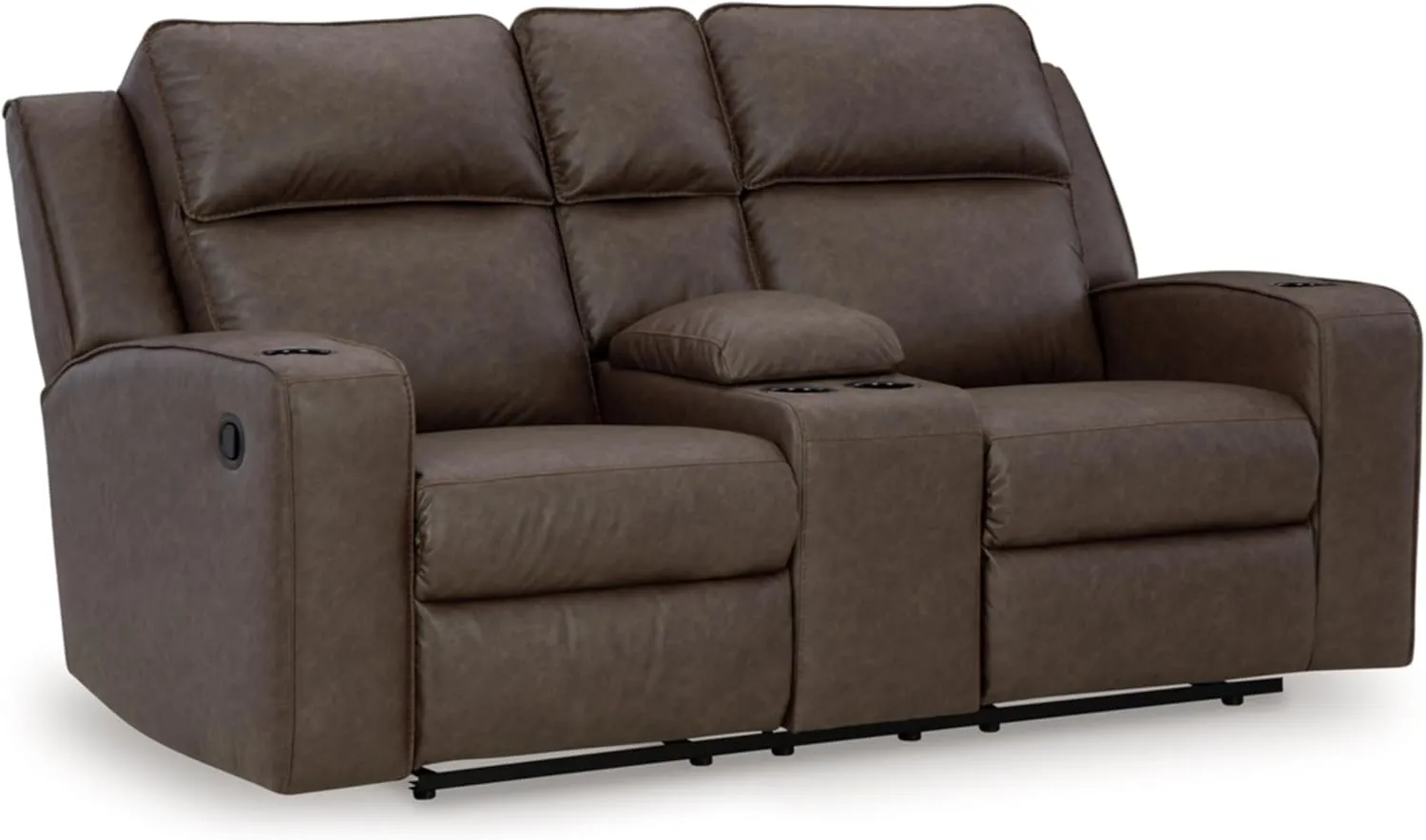 Signature Design by Ashley Lavenhorne Modern Faux Leather Manual Reclining Loveseat with Console and Cup Holders, Dark Brown