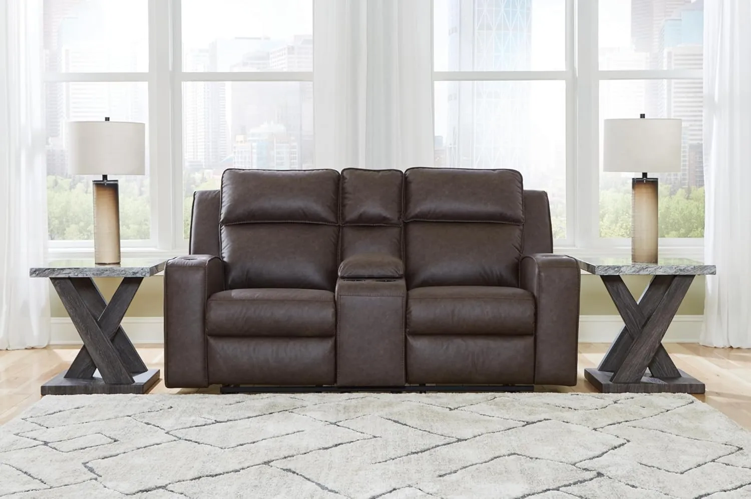 Signature Design by Ashley Lavenhorne Modern Faux Leather Manual Reclining Loveseat with Console and Cup Holders, Dark Brown