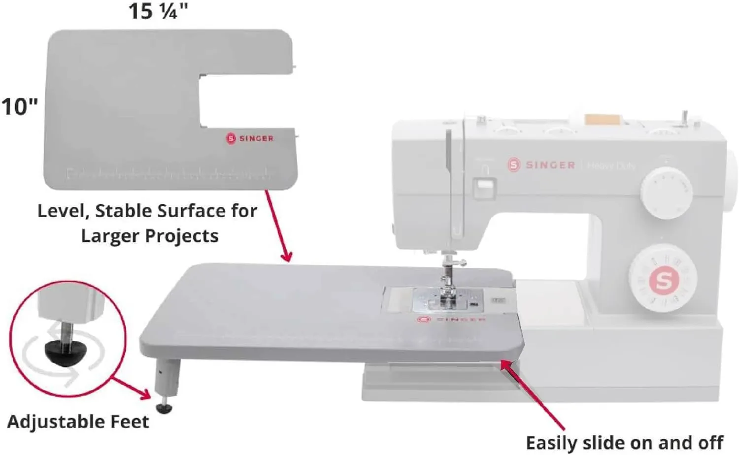 SINGER Gray Sewing Machines Extension Table for Heavy Duty Sewing Machines 4411, 4423, 4432, 4452, 5511, 5523, 5532, 6335 to sew Larger Projects with Ease, Professional Results, Foldable Leg