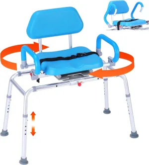 Sliding Shower Chair, Tub Transfer Bench with 360° Swivel Seat, Padded Seat and Pivoting Arms, Height Adjustable Bathtub Transfer Bench for Tubs, Bath Chairs for Adult Elderly Disabled Handicap, Blue