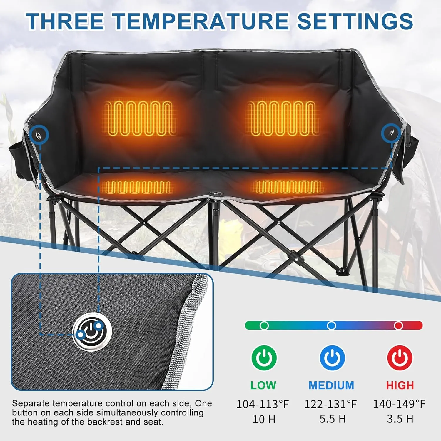 Slsy Oversized Heated Double Camping Chair, Folding 2 Person Camping Chair Loveseat, Fully Padded Duo Chair Camping Couch, Fold Up Double Camp Chair, Lawn Chairs, Camping Bench with Carrying Bag