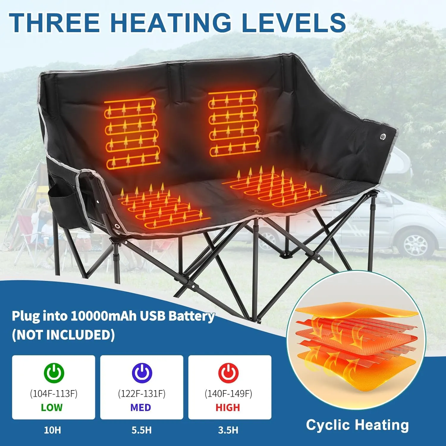 Slsy Oversized Heated Double Camping Chair, Folding 2 Person Camping Chair Loveseat, Fully Padded Duo Chair Camping Couch, Fold Up Double Camp Chair, Lawn Chairs, Camping Bench with Carrying Bag
